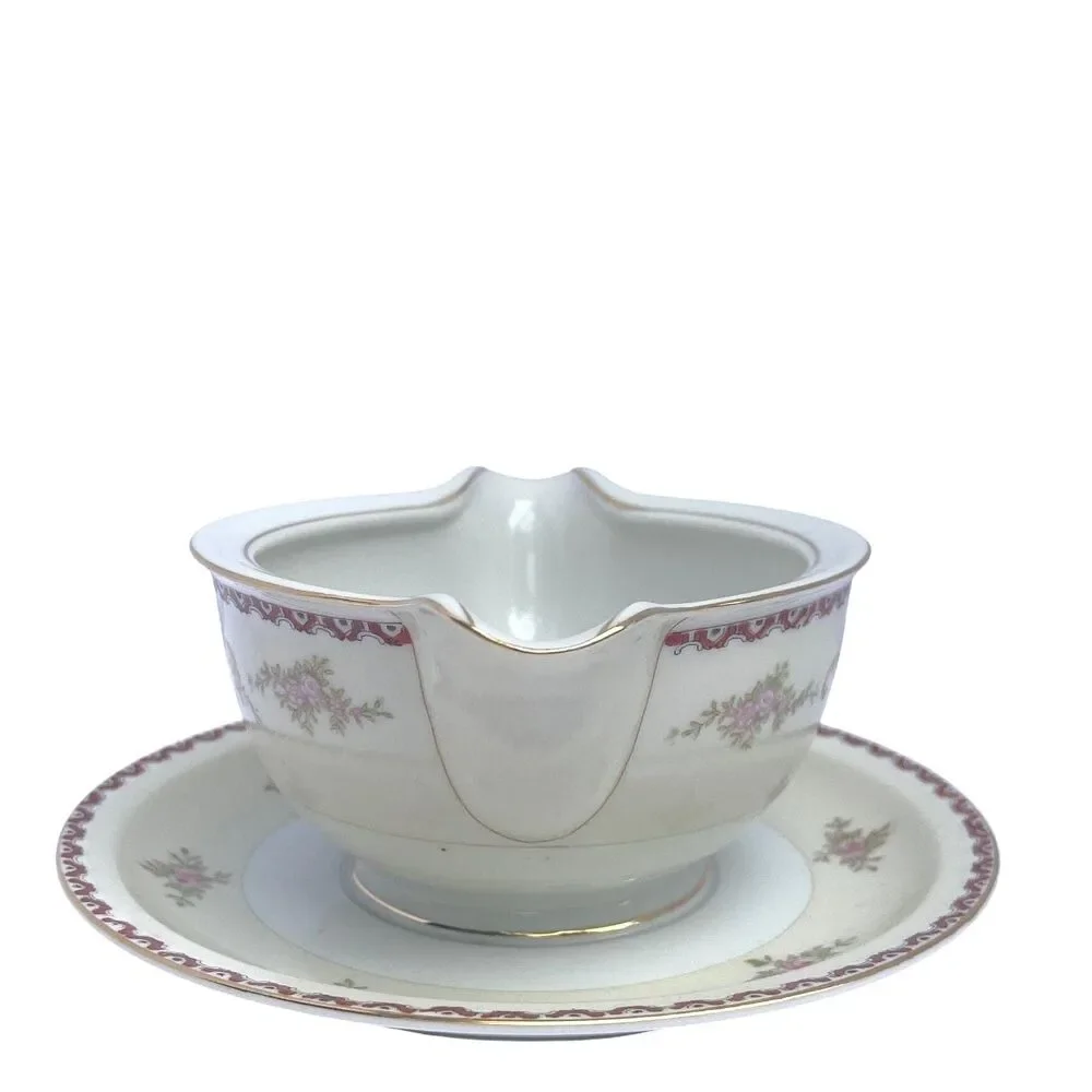 Vintage Occupied Japan Gravy Boat Attached Plate Hand Painted Double Pour